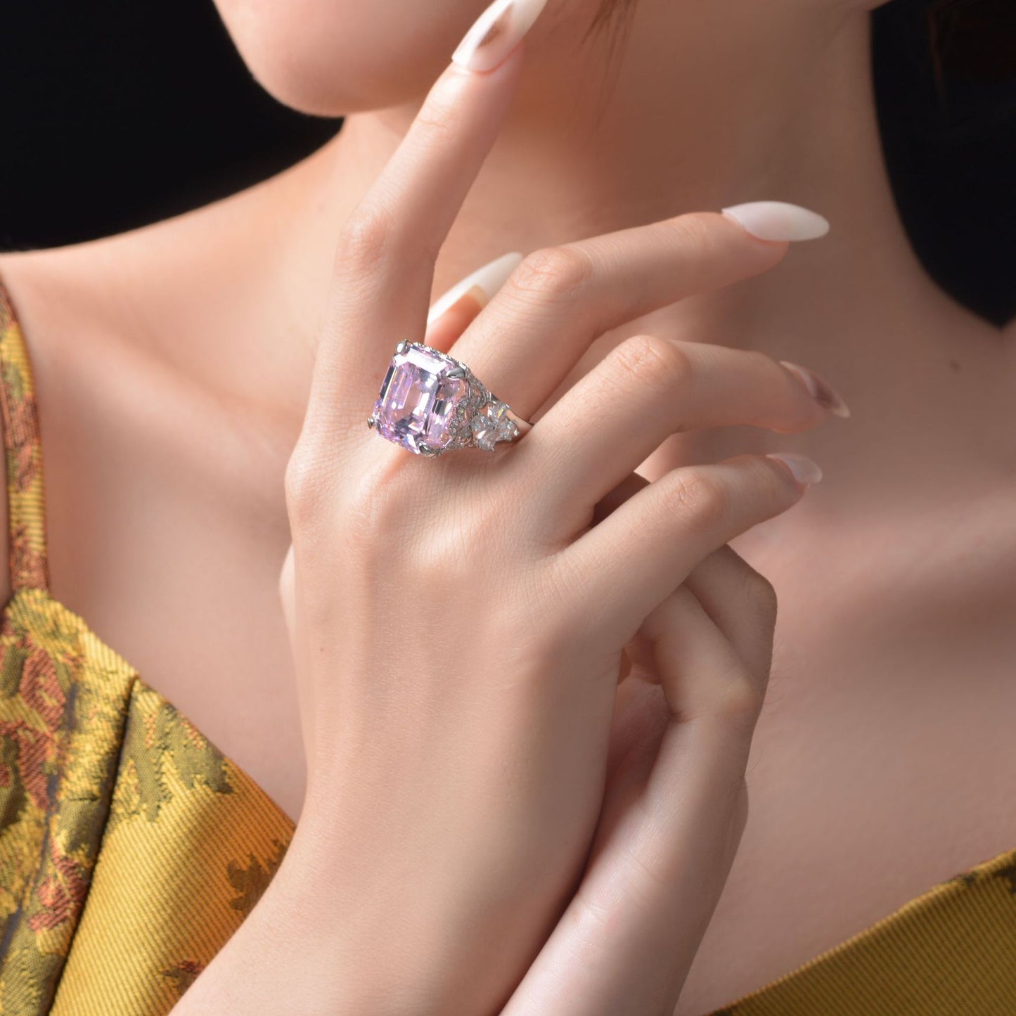 Kunzit-Asscher-Rosa-Brautring R1570