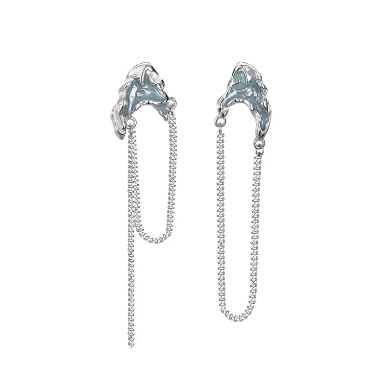 Blauer Emaille-Ohrring mit langer Kette E1126