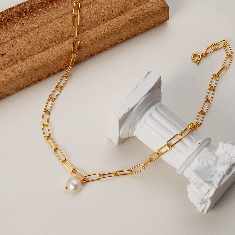 Längliche, gezogene Kette mit Barockperlen, Halskette N1048