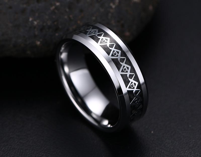 White Tungsten Masonic Engagement Ring Carbon Fiber Inlay Band Wholesale 8mm - Ables Mall