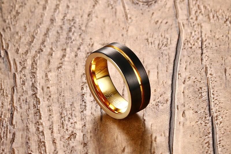 Gold Groove Tungsten Engagement Band Tough Flat Men Ring Wholesale Plated 8mm - Ables Mall