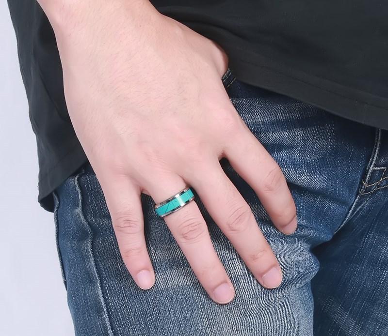 White Tungsten Turquoise Inlay Engagement Band Wedding Ring Wholesale 8mm - Ables Mall