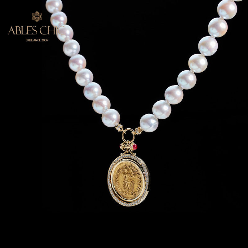 Byzantinische Münze Akoya Perle Wendemedaillon Halskette
