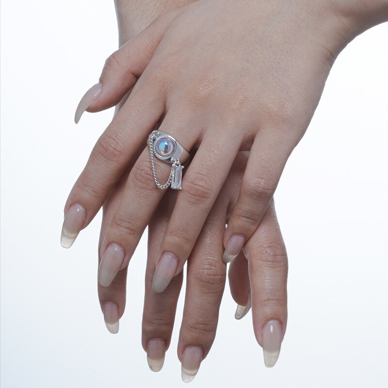 Unregelmäßiger Kettenring aus Mondstein R1245