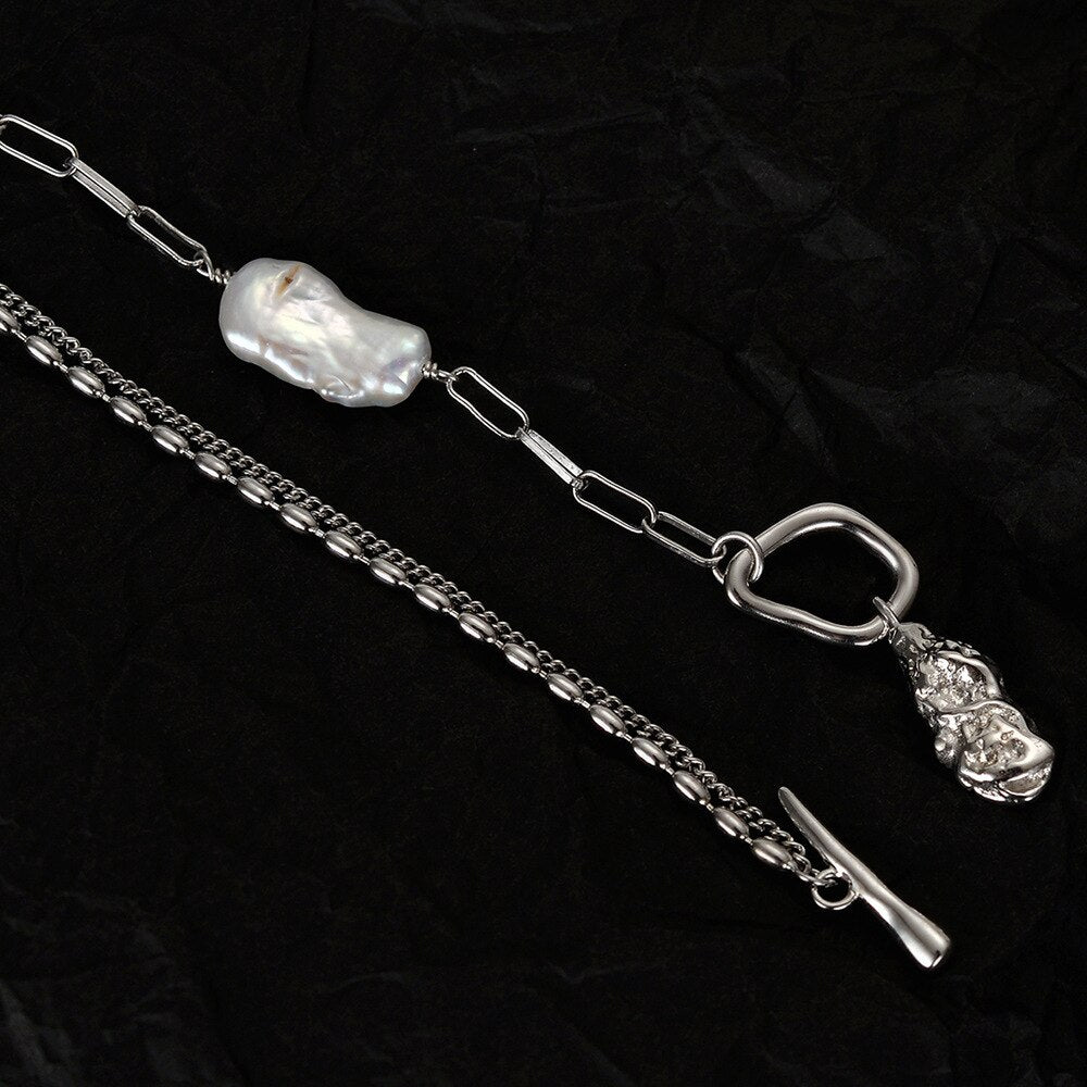 Halskette mit Barockperlen und gezogener Kette N1035