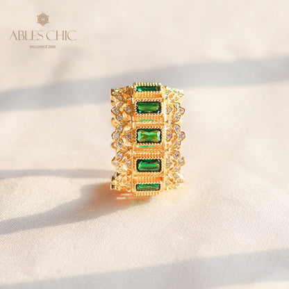 Offener Ring mit Smaragd-Laubsägearbeit und Blumenmuster 6046