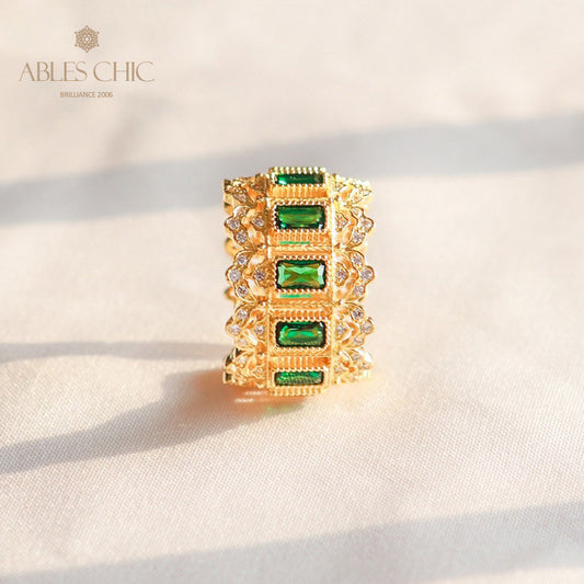 Offener Ring mit Smaragd-Laubsägearbeit und Blumenmuster 6046