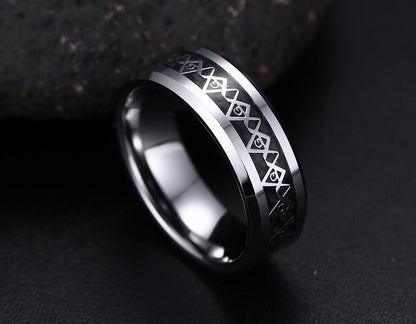 White Tungsten Masonic Engagement Ring Carbon Fiber Inlay Band Wholesale 8mm - Ables Mall