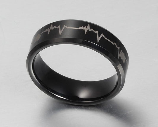 Black Tungsten Engagement Band Heart Beat Wedding Ring Wholesale 8mm - Ables Mall