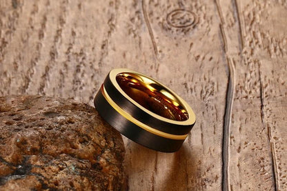Gold Groove Tungsten Engagement Band Tough Flat Men Ring Wholesale Plated 8mm - Ables Mall