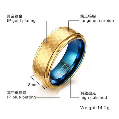 Gold Blue Tungsten Beaten Band Faceted Manly Engagement Ring Wholesale Plated 8mm - Ables Mall