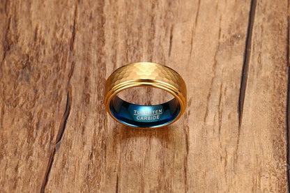 Gold Blue Tungsten Beaten Band Faceted Manly Engagement Ring Wholesale Plated 8mm - Ables Mall