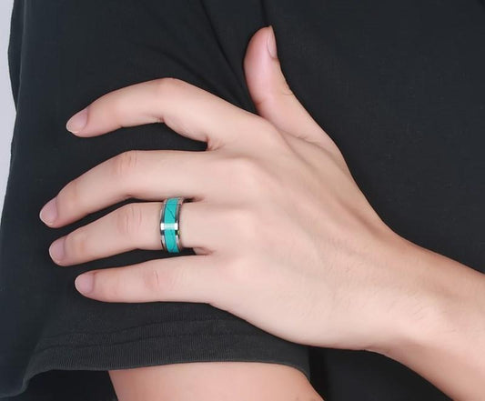 White Tungsten Turquoise Inlay Engagement Band Wedding Ring Wholesale 8mm - Ables Mall